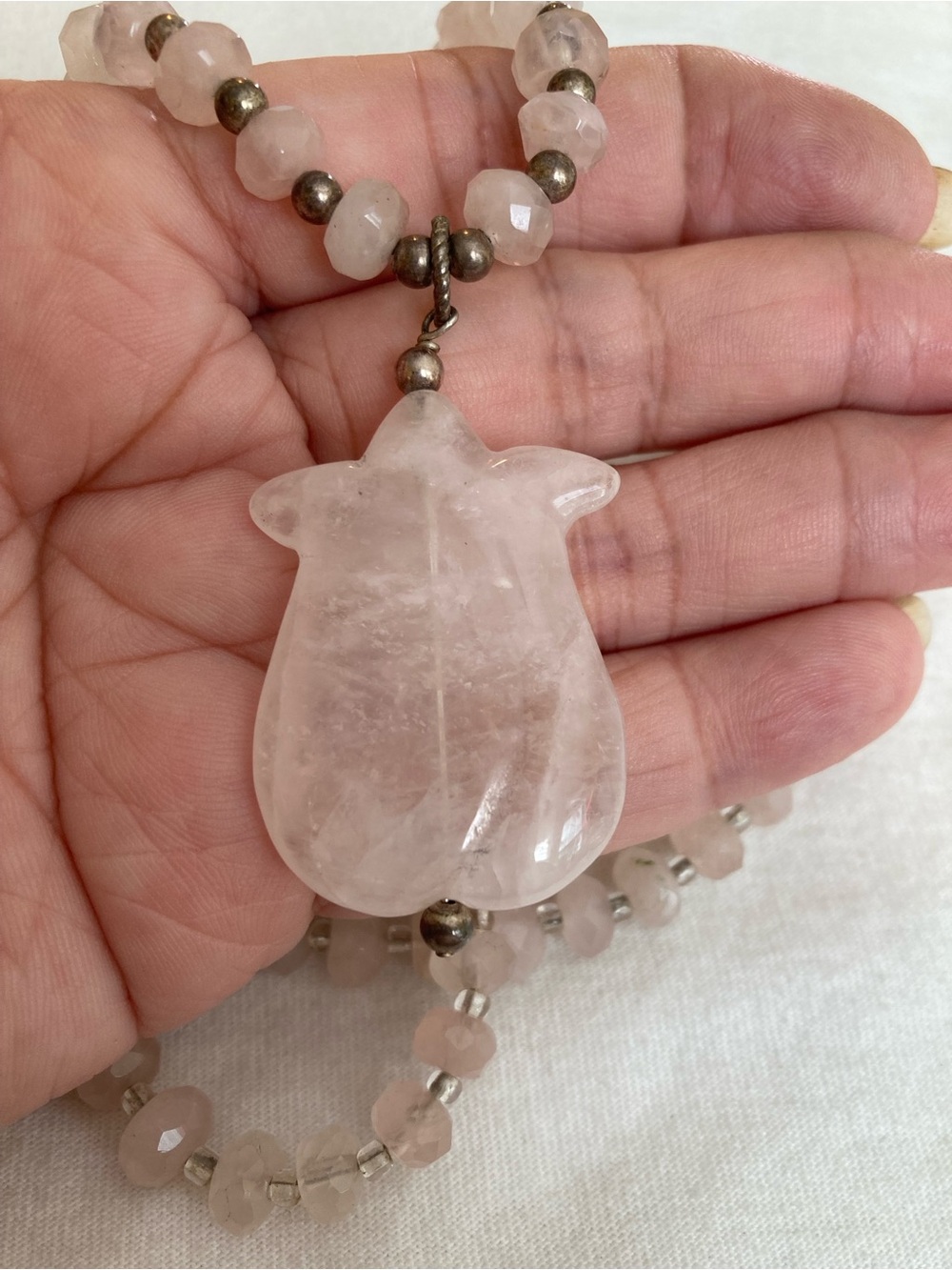 Peyote Bird Signed 925 Rose Quartz Beaded Pendant Necklace